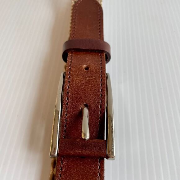 Leather Woven Elastic Belt Unisex S Silver Buckle Preppy Collegiate Classic - Picture 4 of 10